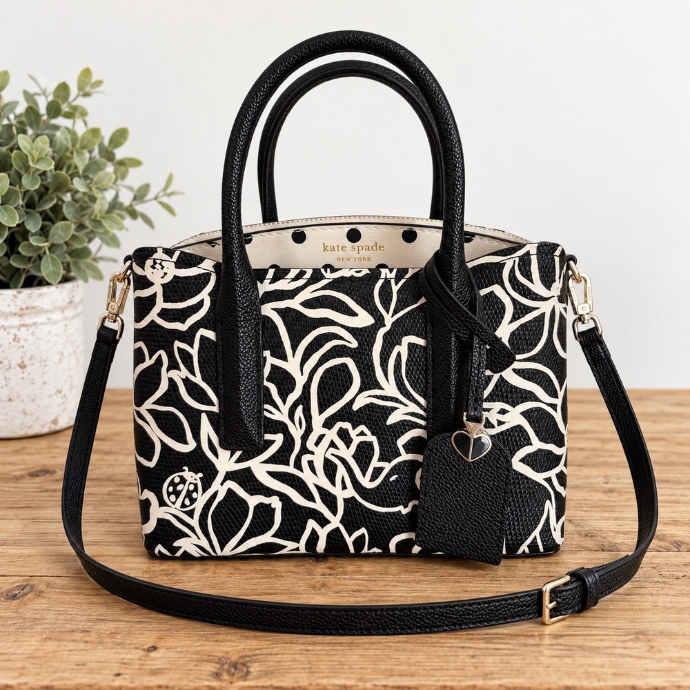 Kate Spade Floral Margaux Satchel Handbag Womens Black White Embossed Scribble